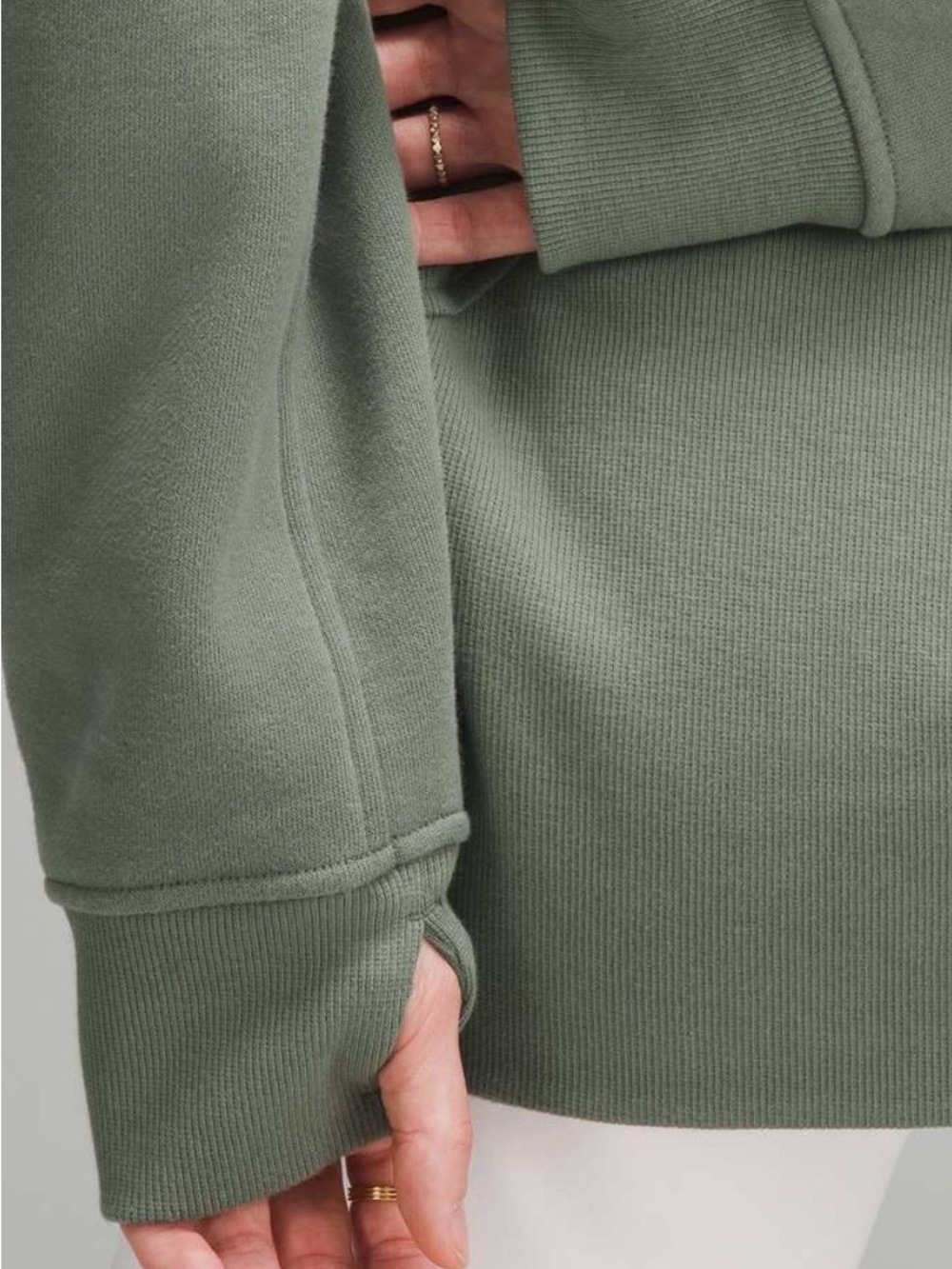 Sage Green Ribbed Funnel Neck Pullover Sweatshirt with Thumbholes - Picture 8 of 8